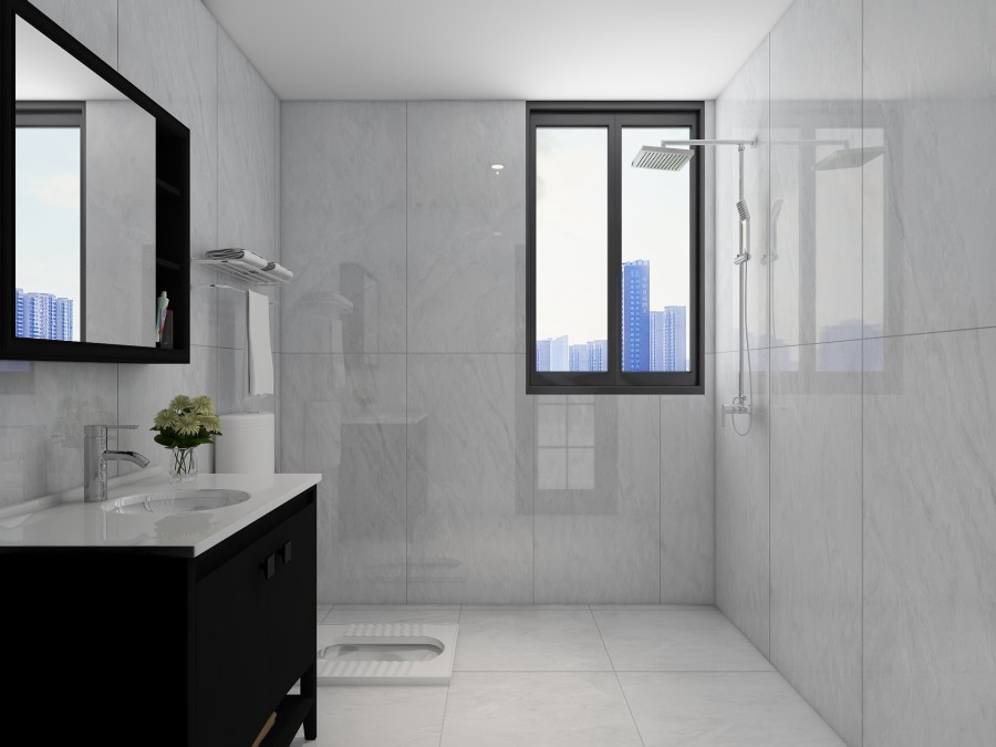 厨房墙面白色配套深灰色的橱柜,卫生间采用600*1200地砖上墙,整体空间